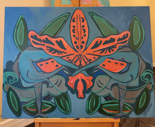 Amena Art painting in progress featuring a bold botanical design with coral and teal tones on an easel, with text ‘Behind the Scenes Miami’ showcasing the studio setup for the Designer Destination Collection launch.