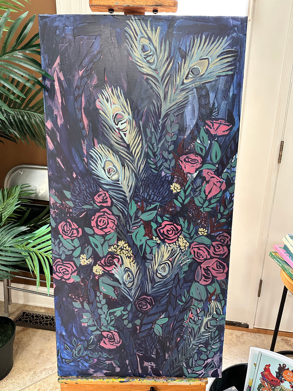 Roses & Peacock Feathers Original Painting